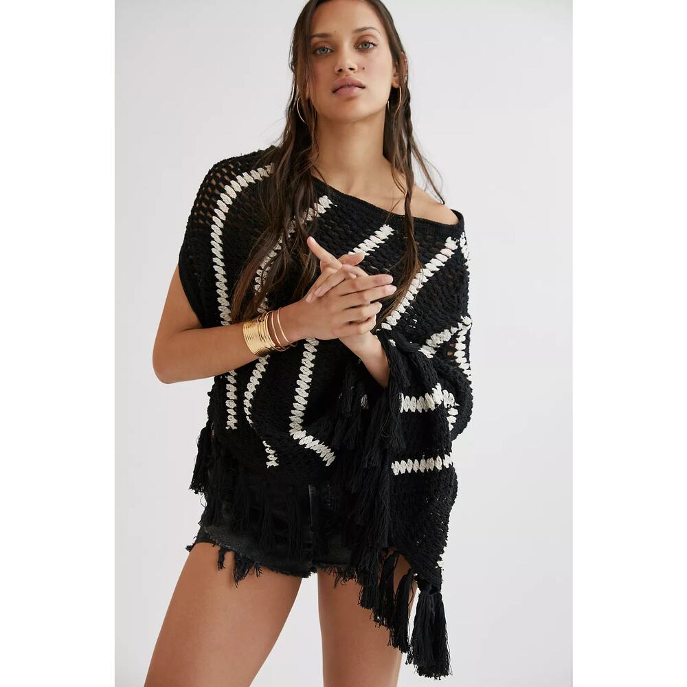 Anthropologie One Shoulder Crochet Tassel Poncho NWT
